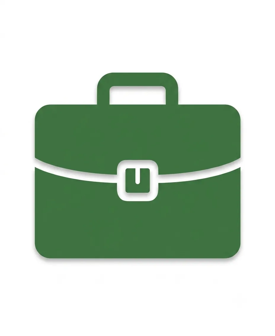 Dark green briefcase icon with a white curved line and central buckle, on a plain white background, symbolizing engineering careers and opportunities.