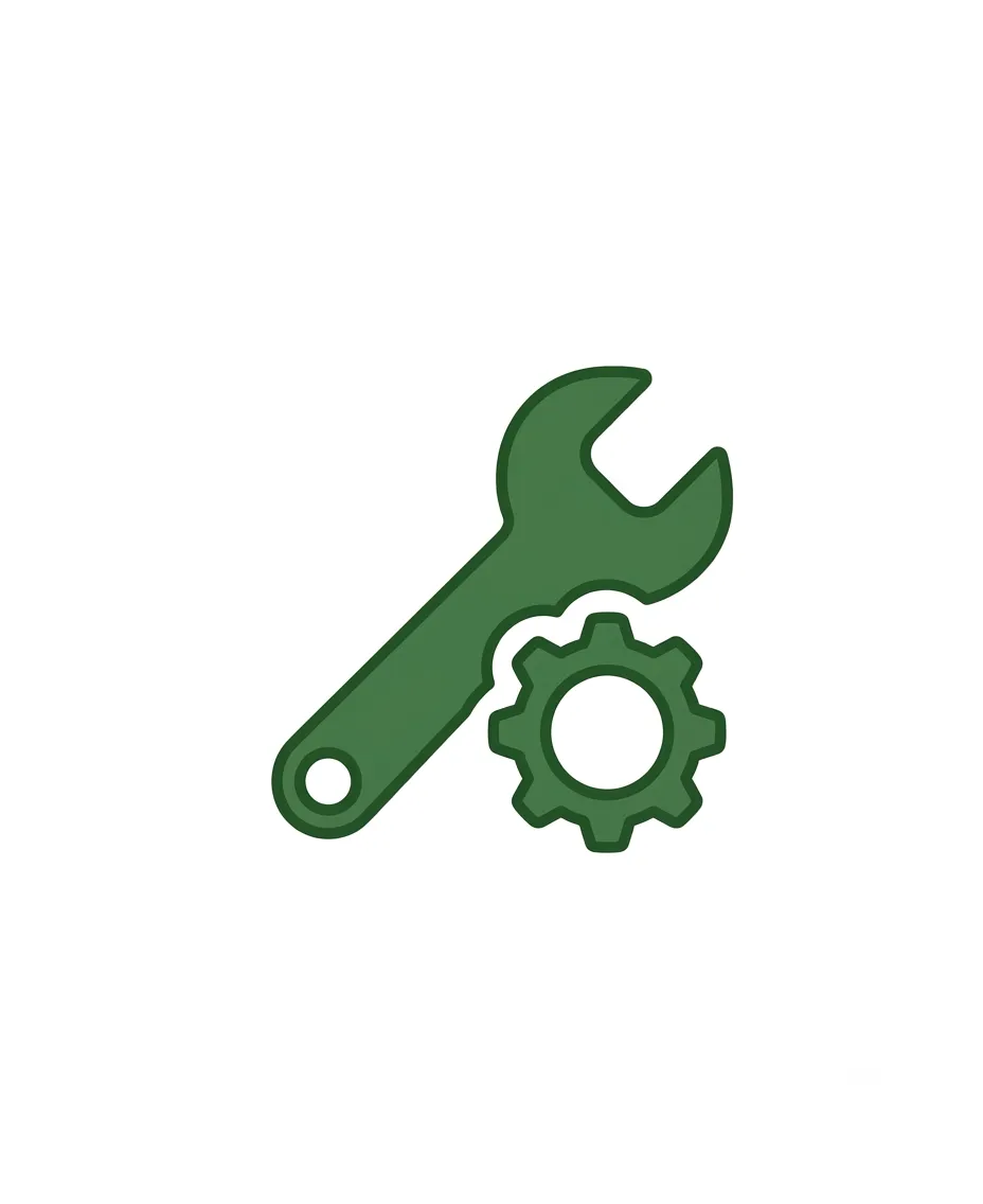 Dark green line-art icon depicting a large adjustable spanner wrench positioned over a gear, with a light green checkmark above, representing industrial maintenance, reliability, and technical service.