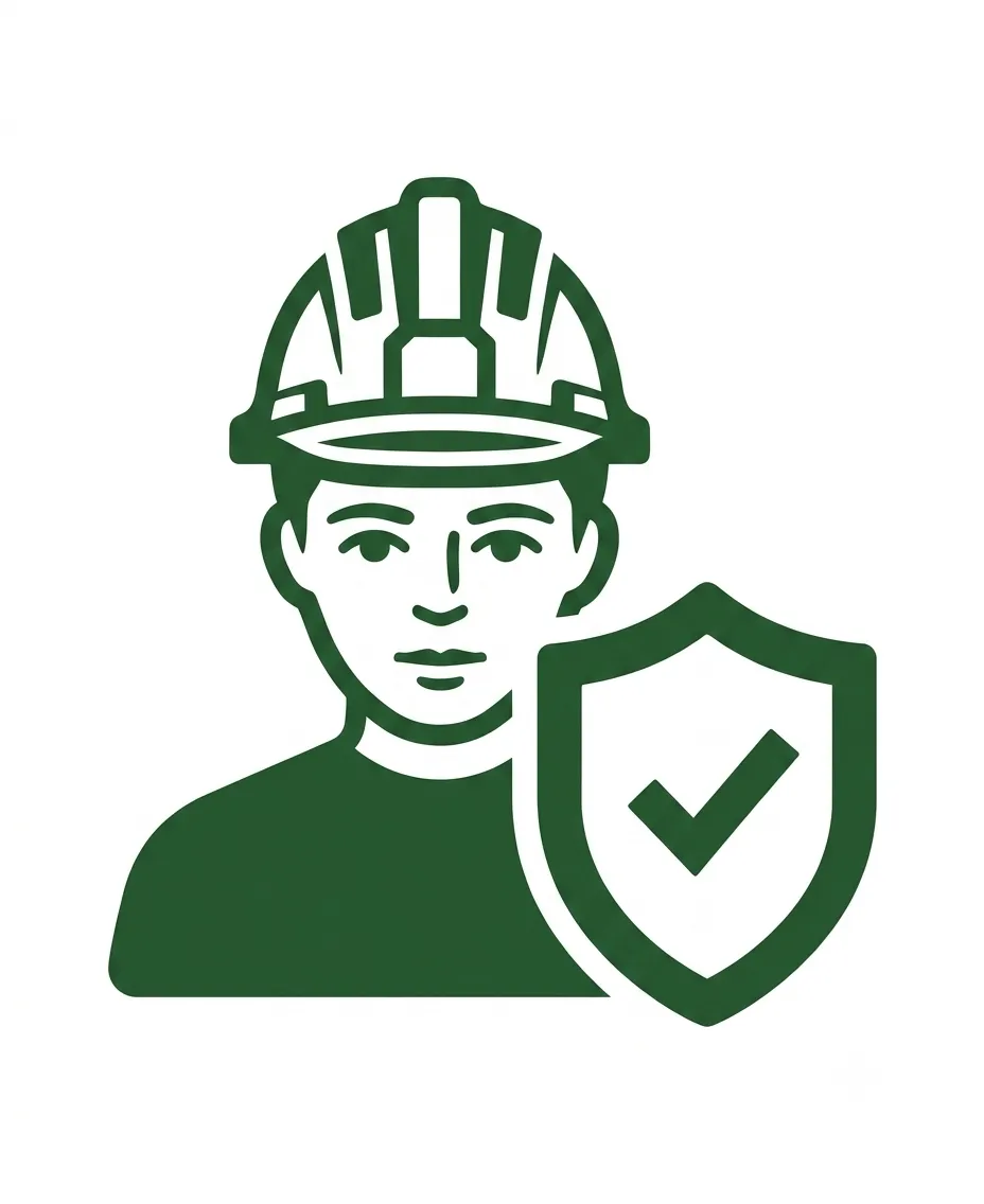 Dark green line-art icon of an engineer in a hard hat with a shield and checkmark, representing plant safety and compliance engineering.