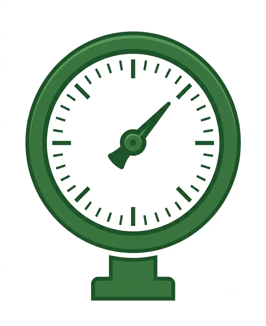 Dark green line-art icon of an industrial pressure gauge dial with a measuring needle, representing plant instrumentation and control engineering.