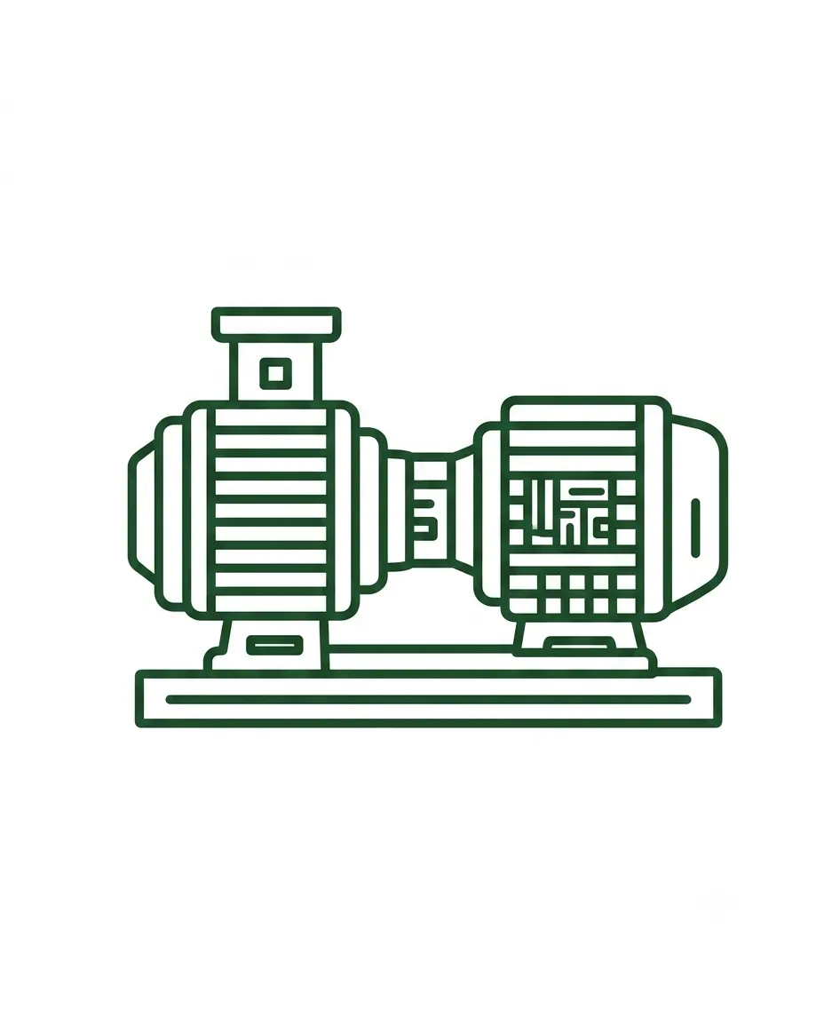 Dark green line-art icon depicting an industrial centrifugal pump coupled with an electric motor on a common baseplate, used to represent the mechanical equipment category.