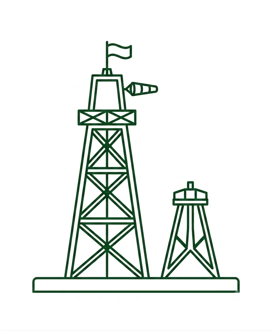 Green line-art illustration of an oil and gas drilling rig derrick and adjacent flare stack, representing petroleum engineering.