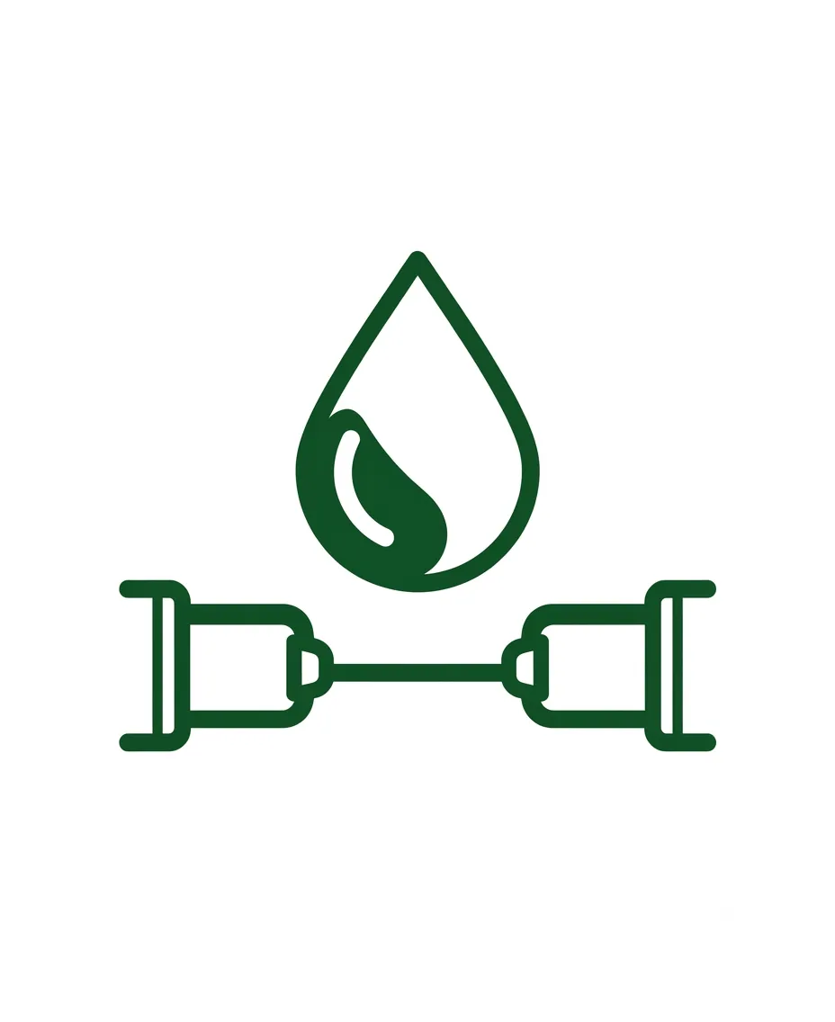 Dark green line-art icon depicting a fluid droplet positioned above an industrial utility pipeline, representing plant utilities, water treatment, and piping systems.