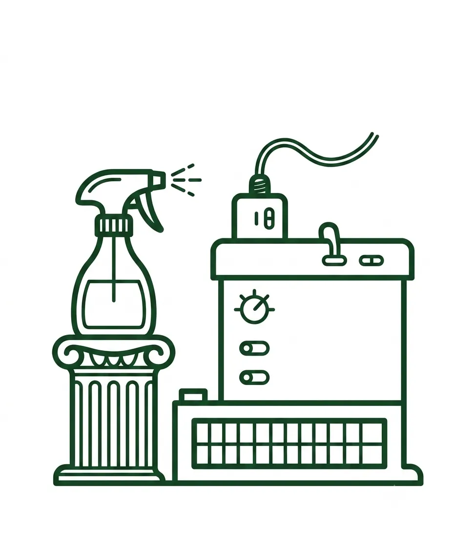 Dark green line-art icon depicting process engineering plant equipment, machinery, and spray systems on a clean white background.