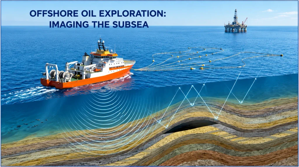 Offshore seismic survey vessel towing streamer cables across the ocean to image underground geological formations beneath the seabed, with an offshore platform in the distance.