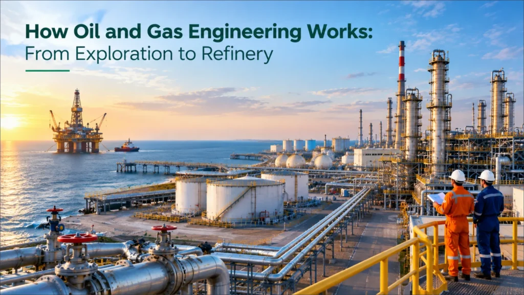 Overview of the oil and gas engineering process, showing an offshore drilling platform in the ocean during sunset and a modern onshore refinery plant in the background, with two engineers observing the facility in the foreground.