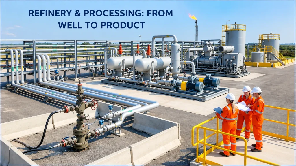 Refinery and processing facility showing oil and gas piping, process equipment, storage tanks, pumps, a wellhead, and engineers inspecting the plant.