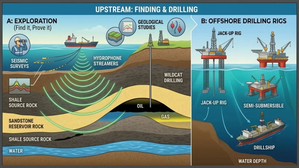 Diagram illustrating upstream oil and gas engineering, showing seismic exploration, underground reservoir rock layers, and offshore drilling rigs including Jack-up, Semi-submersible, and Drillship.